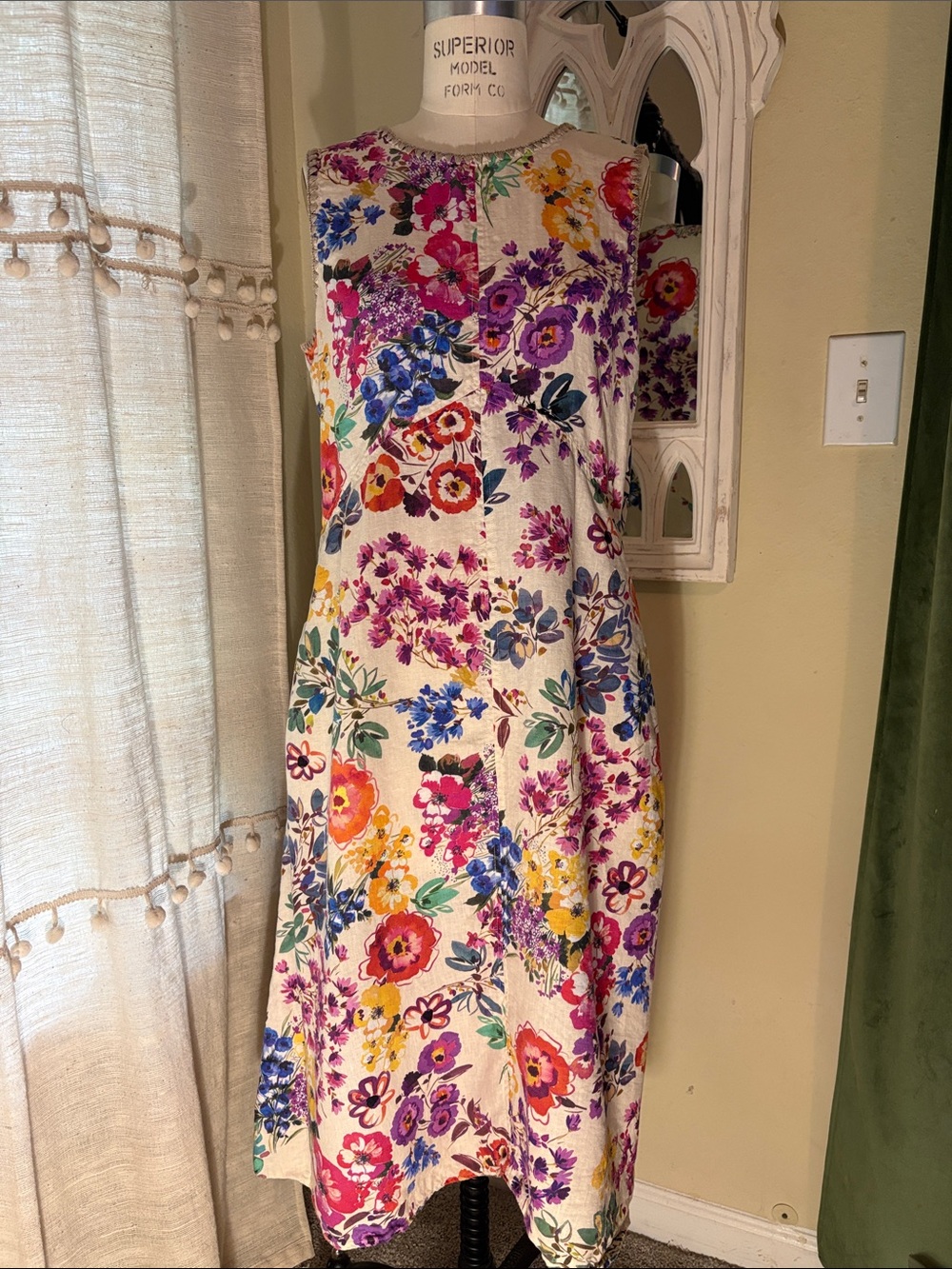 Johnny Was Cream Midi Dress with Pink Purple Blue and Yellow Floral Print